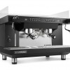 Front side view of the two group Zoe Competition commercial espresso machine by Sanremo. Black with traditional or lower group height. Programmable Volumetric Dosing